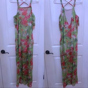 Gianni Bini Maxi Dress Tangerine Dream Green Floral Island Beach